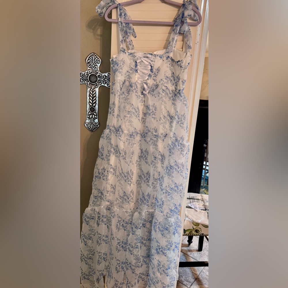 Women’s Blue Floral Tie-Shoulder Maxi Dress - Picture 8 of 8